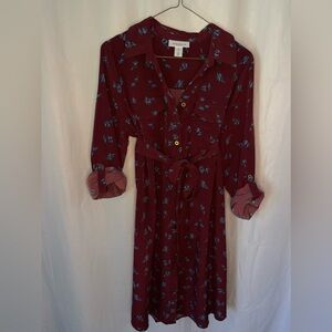 Motherhood Maternity Dress Shirt, Maroon, Button Up, Waist Cinch Tie, Medium